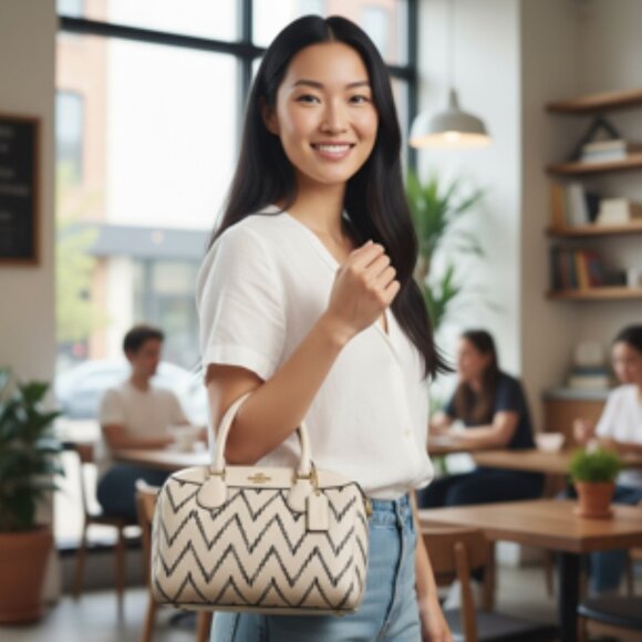 Coach Mini Bennett Satchel + Wristlet Set White Black Chevron Leather Bag - Picture 16 of 16